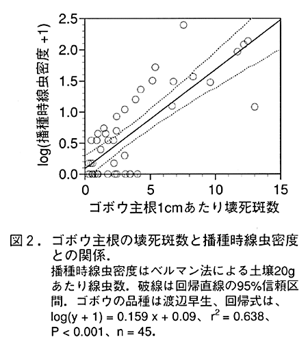 図2:ゴボウ主根の壊死斑数と播種時線虫密度との関係(播種時線虫密度はベルマン法による土壌20gあたり線虫数。破線は回帰直線の95%信頼区間。ゴボウの品種は渡辺早生、回帰式は、log(y+1)=0.159x+0.09、r^2=0.638、P&st;0.001、n=45。)