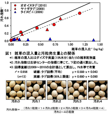 図1.雑草の混入量と汚粒発生量との関係