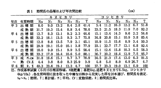 表1 節間長の品種および年次間比較