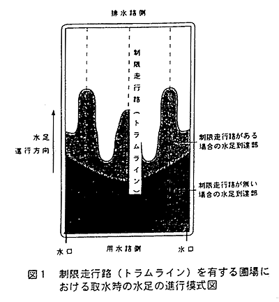 図1 制限走行路(トラムライン)を有する圃場における取水時の水足の進行模式図