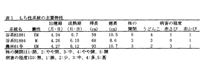 表1.もち性系統の主要特性