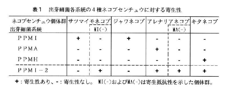 表1.出芽細菌各系統の4種ネコブセンチュウに対する寄生性