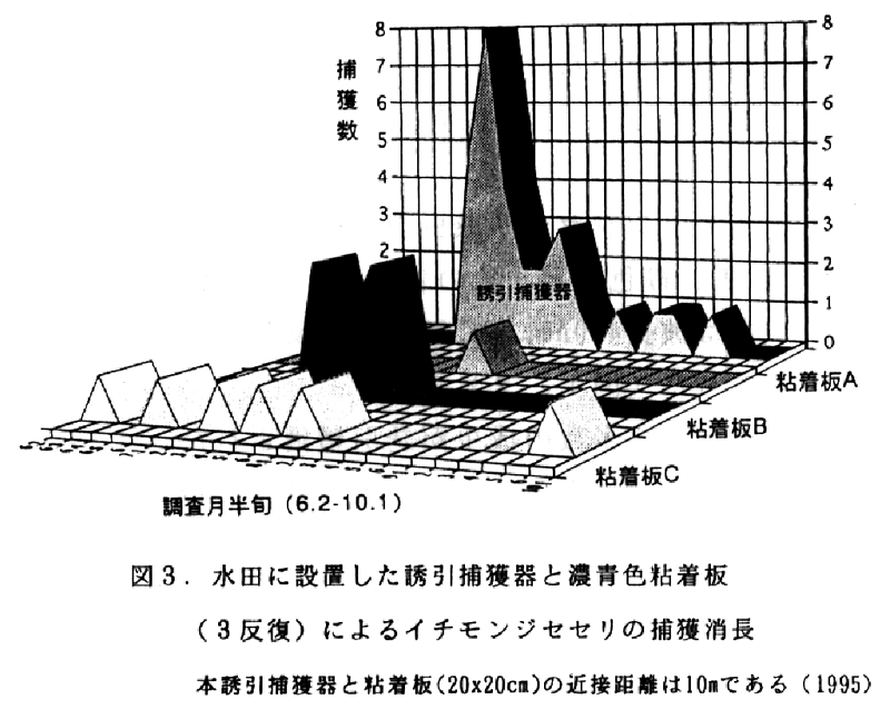 図3.水田に設置した誘引捕獲器と濃青色粘着板(3反復)によるイチモンジセセリの捕獲消長