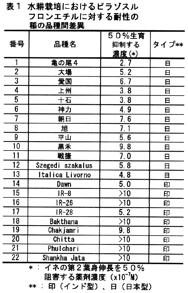 表1.水耕栽培におけるピラゾスルフロンエチルに対する耐性の稲の品種間差異