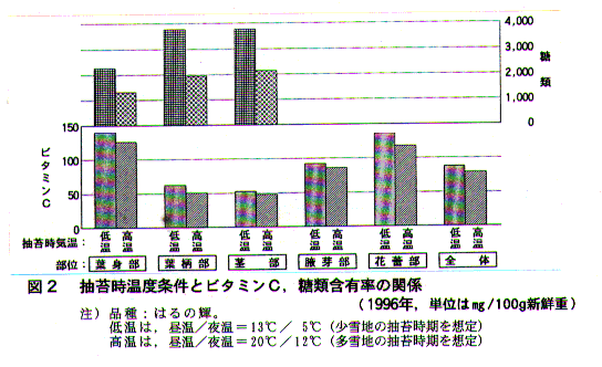 図2.抽苔時温度条件とビタミンC、糖類含有率の関係