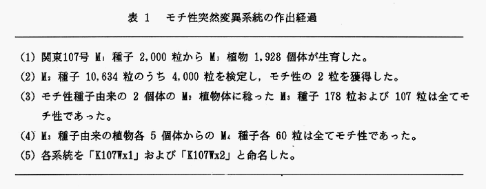 表1:モチ性突然変異系統の作出経過