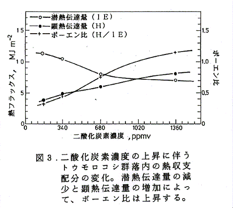 図3:二酸化炭素濃度の上昇に伴うトウモロコシ群落内の熱収支配分の変化