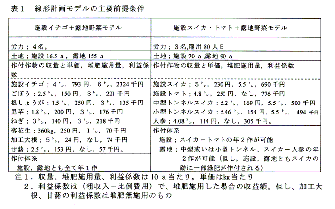 表1:線形計画モデルの主要前提条件