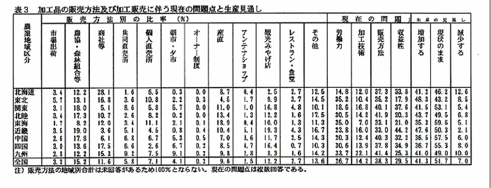 表3:加工品の販売方法及び加工販売に伴う現在の問題点と生産見通し