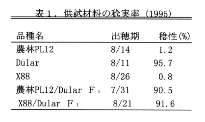 表1:供試材料の稔実率 (1995)