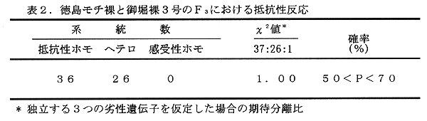 表2:徳島モチ裸と御堀裸3号のF3における抵抗性反応