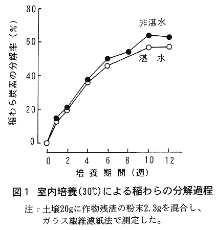 図1:室内培養(30°C)による湛水および非湛水条件下の有機物の分解過程