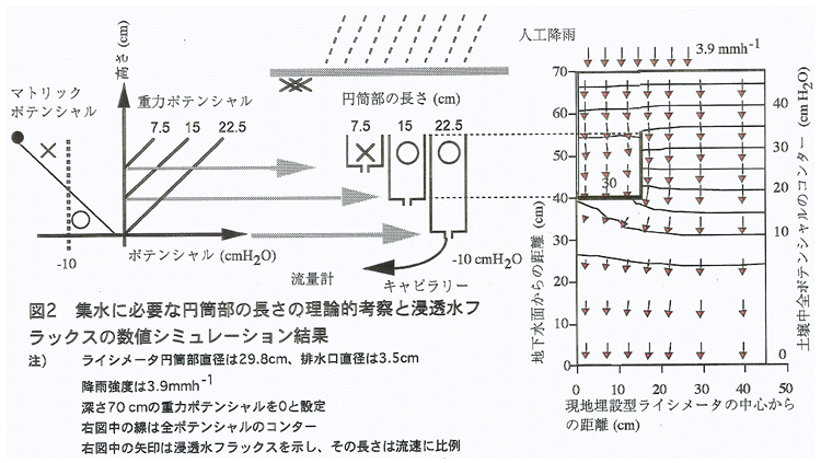図2: 集水に必要な円筒部の長さの理論的考察と浸透水フラックスの数値シミュレーション結果