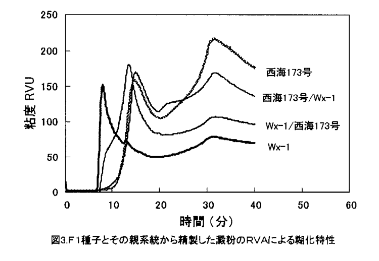 図3:F1種子とその親系統から精製した澱粉のRVAによる糊化特性