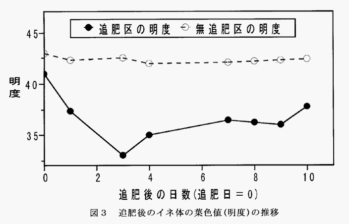 図3:追肥後のイネ体の葉色値(明度)の推移