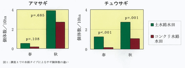 図1:調査Aでの水路タイプによるサギ個体数の違い
計12ヵ所の調査地での5月～8月における月2回の平均値。pの値は水路タイプによる違いについての検定結果 (2-way ANOVA)。