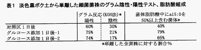 表1
:淡色黒ボク土から単離した細菌菌株のグラム陰性・陽性テスト、脂肪酸組成