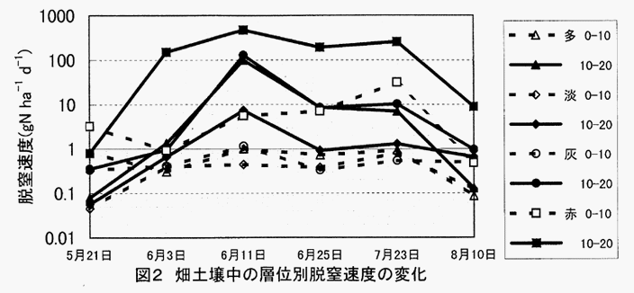 図2畑土壌中の層位別脱窒速度の変化