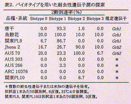 表2.バイオタイプを用いた耐虫性遺伝子源の探索