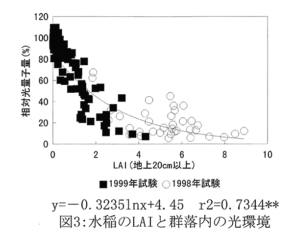 図3:水稲のLAIと群落内の光環境