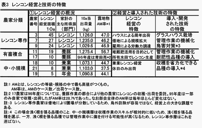 表3:レンコン経営と技術の特徴 