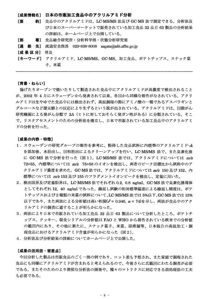 日本の市販加工食品中のアクリルアミド分析 1