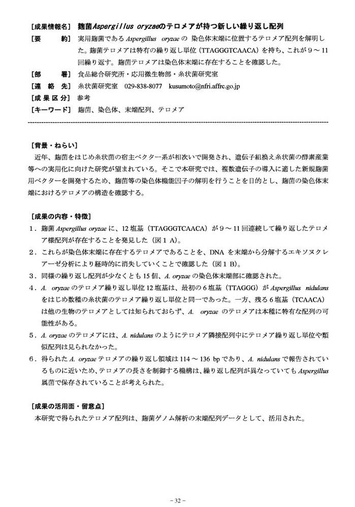 麹菌Aspergillus oryzaeのテロメアが持つ新しい繰り返し配列1