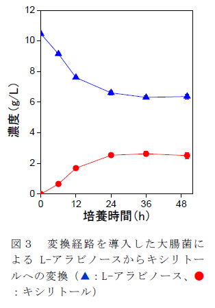 図3 変換経路を導入した大腸菌によるL-アラビノースからキシリトールへの変換(▲:L-アラビノース、●:キシリトール)