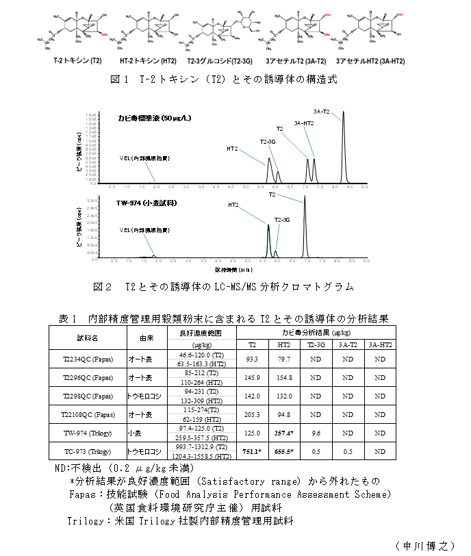 図1 T-2トキシン(T2)とその誘導体の構造式;図2 T2とその誘導体のLC-MS/MS分析クロマトグラム;表1 内部精度管理用穀類粉末に含まれるT2とその誘導体の分析結果