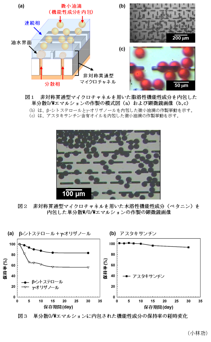 図1 非対称貫通型マイクロチャンネルを用いた脂溶性機能性成分を内包した単分散O/Wエマルションの作製の模式図(a)および顕微鏡画像(b,c),図2 非対称貫通型マイクロチャンネルを用いた水溶性機能性成分(ベタニン)を内包した単分散W/O/Wエマルションの作製の顕微鏡画像,図3 単分散O/Wエマルションに内包された機能性成分の保持率の経時変化