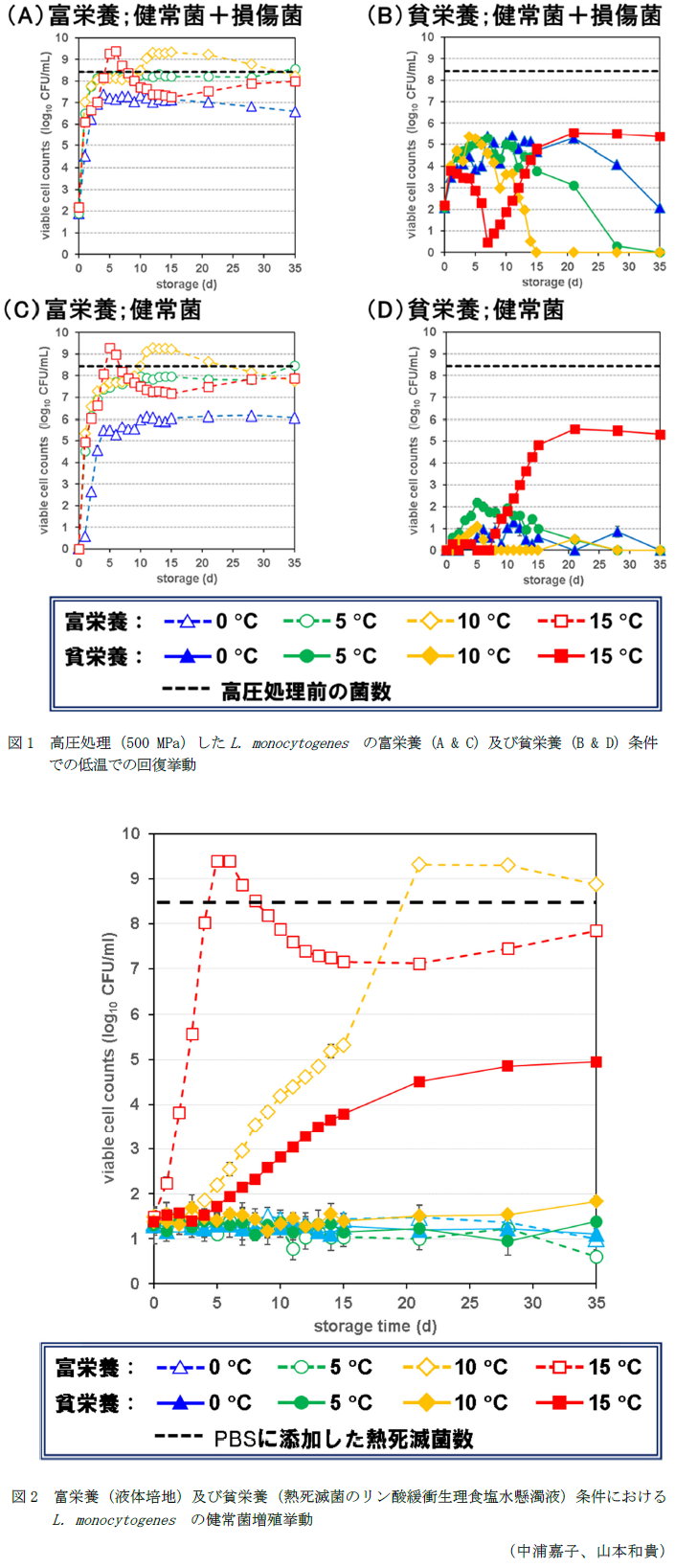 図1 高圧処理(500 MPa)したL. monocytogenes の富栄養(A & C)及び貧栄養(B & D)条件での低温での回復挙動,図2 富栄養(液体培地)及び貧栄養(熱死滅菌のリン酸緩衝生理食塩水懸濁液)条件におけるL. monocytogenes の健常菌増殖挙動