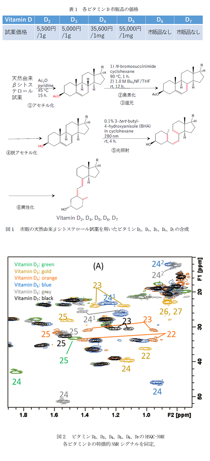 表1 各ビタミンD市販品の価格,図1 市販の天然由来βシトステロール試薬を用いたビタミンD2、D4、D5、D6、D7の合成,図2 ビタミンD2、D3、D4、D5、D6、D7のHSQC-NMR
