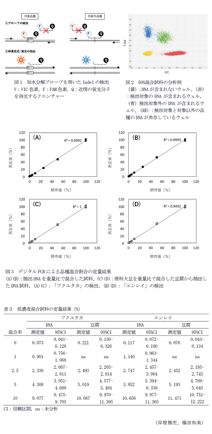 図1 加水分解プローブを用いたIndelの検出,図2 50%混合試料の分析例,図3 デジタルPCRによる品種混合割合の定量結果,表3 低濃度混合試料の定量結果