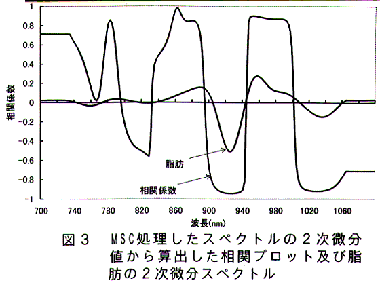 図3 MSC処理したスペクトルの2次微分値から算出した相関プロット及び脂肪の2次微分スペクトル