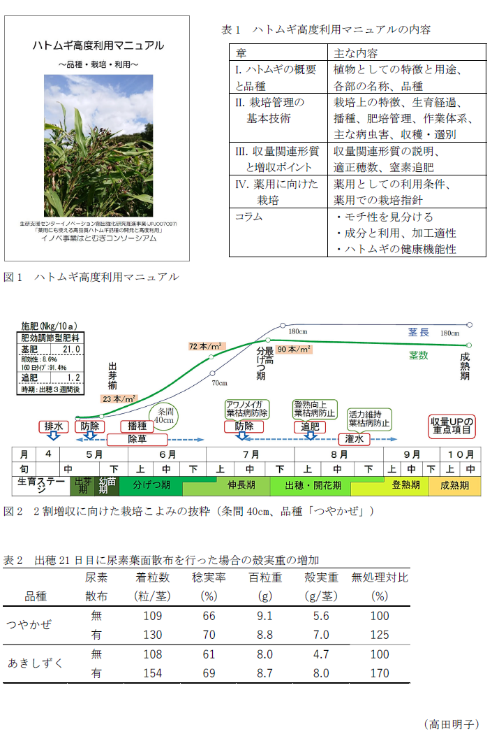 図1 ハトムギ高度利用マニュアル,表1 ハトムギ高度利用マニュアルの内容,図2 2割増収に向けた栽培こよみの抜粋(条間40cm、品種「つやかぜ」),表2 出穂21日目に尿素葉面散布を行った場合の殻実重の増加