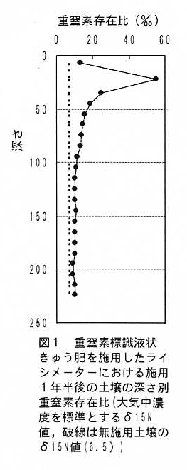図1 重窒素標識液状きゅう肥を使用したライシメーターにおける施用1年半後の土壌の深さ別重窒素存在比