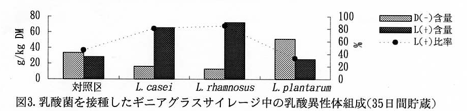 図3 乳酸菌を接種したギニアグラスサイレージ中の乳酸異性体組成