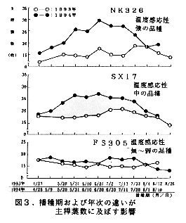 図3 播種期および年次の違いが主稈葉数に及ぼす影響