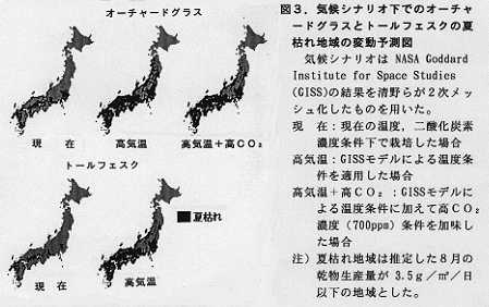 図3 気候シナリオ下でのオーチャードグラスとトールフェスクの夏枯れ地域の変動予想図