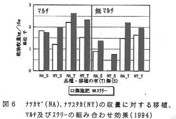 図6.ナツカゼ、ナツユタカの収量に対する移植、マルチ及びスラリーの組み合わせ効果