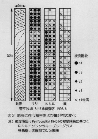 図3 地形に伴う植生及び糞分布の変化