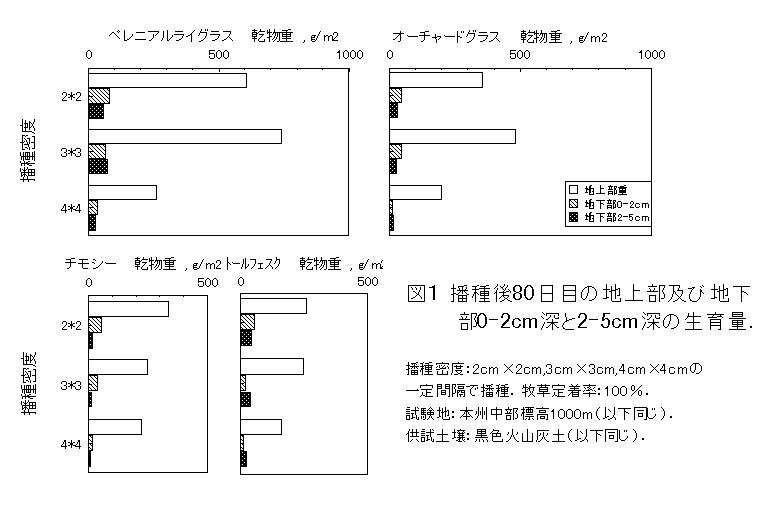 図1.播種後80日目の地上部及び地下部0-2cm深と2-5cm深の生育量