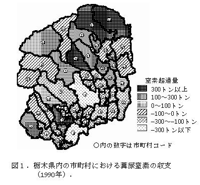 図1.栃木県内の市町村における糞尿窒素の収支