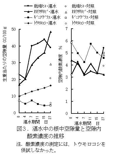 図3 湛水中の根中空隙量と空隙内酸素濃度の推移