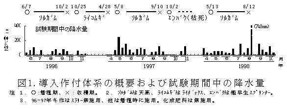 図1 導入作付体系の概要および試験期間中の降水量