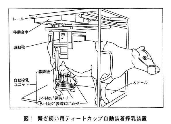 図1 繋ぎ飼い用ティートカップ自動装着搾乳装置