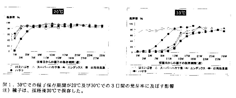 図1 30°Cでの種子保存期間が20°C及び30°Cでの3日間の発芽率に及ぼす影響