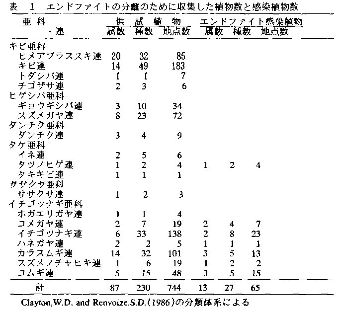 表1 エンドファイトの分離のために収集した植物数と感染植物数