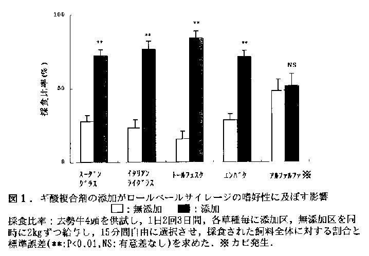 図1 ギ酸複合剤の添加がロールベールサイレージの嗜好性に及ぼす影響