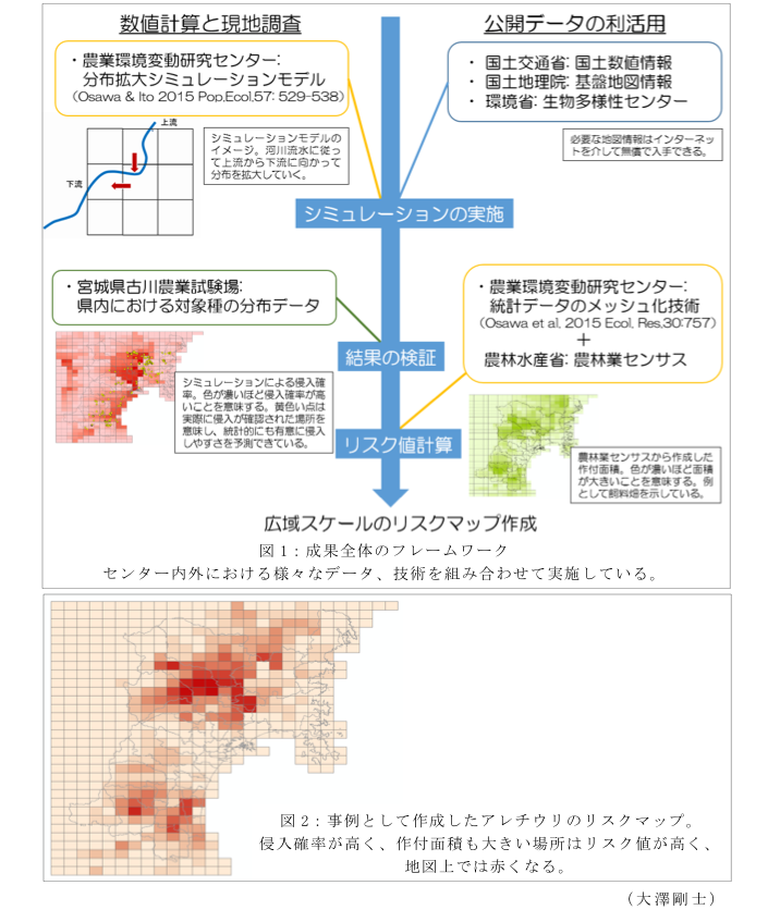 図1:成果全体のフレームワーク?図2:事例として作成したアレチウリのリスクマップ